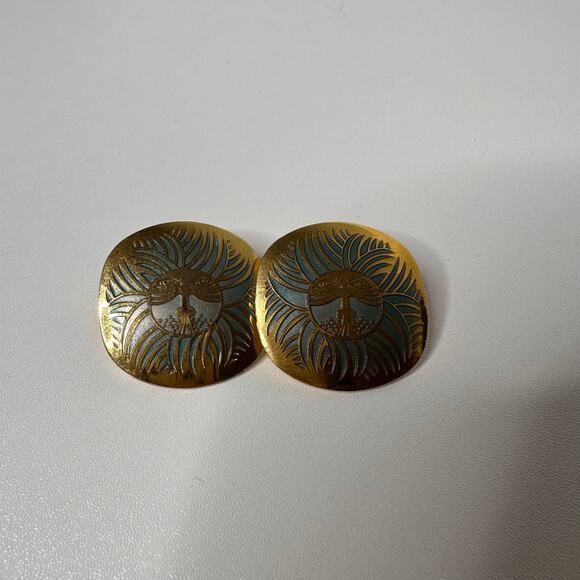Vintage Laurel Burch Eskimo Lion Earrings 80's Gold Plate Blue Boho Round - Picture 2 of 5